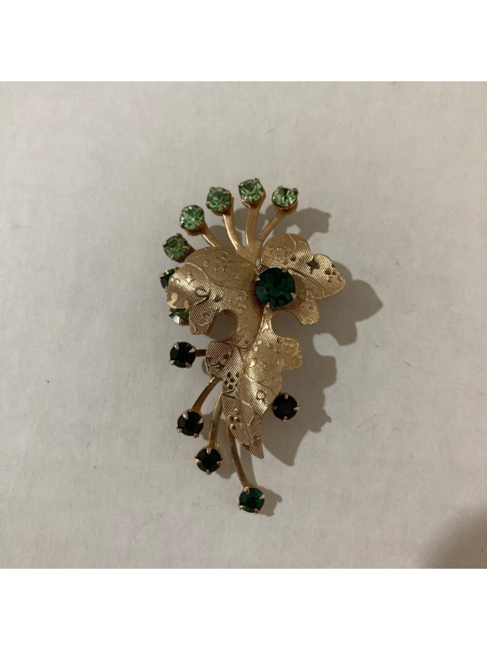 Vintage Leaf Brooch Pin With Green Rhinestones Gold-Tone Metal Floral Design